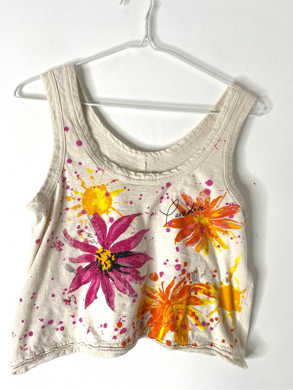 Pilcro Anthropologie Floral Crop Tank White Pink Orange “Paradise” Graphic